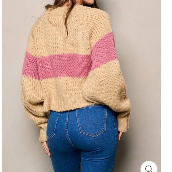 Malibu‎ Bum Womens Colorblock Cardigan Sweater Tan Pink Dolman Sleeves New - Picture 3 of 9